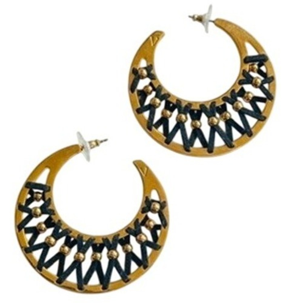 Vince Camuto Cuff Hoop Earrings Black Gold tone pierced Dangle Designer‎ 2.15"